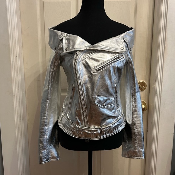 FAITH CONNEXION Off The Shoulder Silver Leather Jacket, sz FR38/US6 - Picture 4 of 9